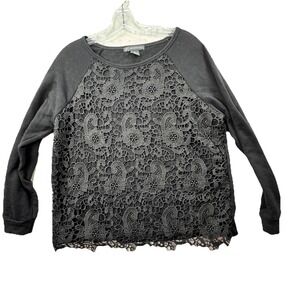 Adrianna Papell Stretch Crochet Knit Top Women's Medium Solid Black LS Boho